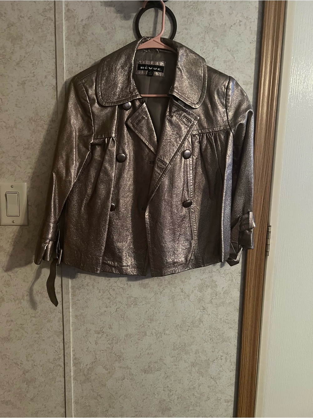 Revue Metallic Bronze Cropped Double-Breasted Leather Jacket Sz S